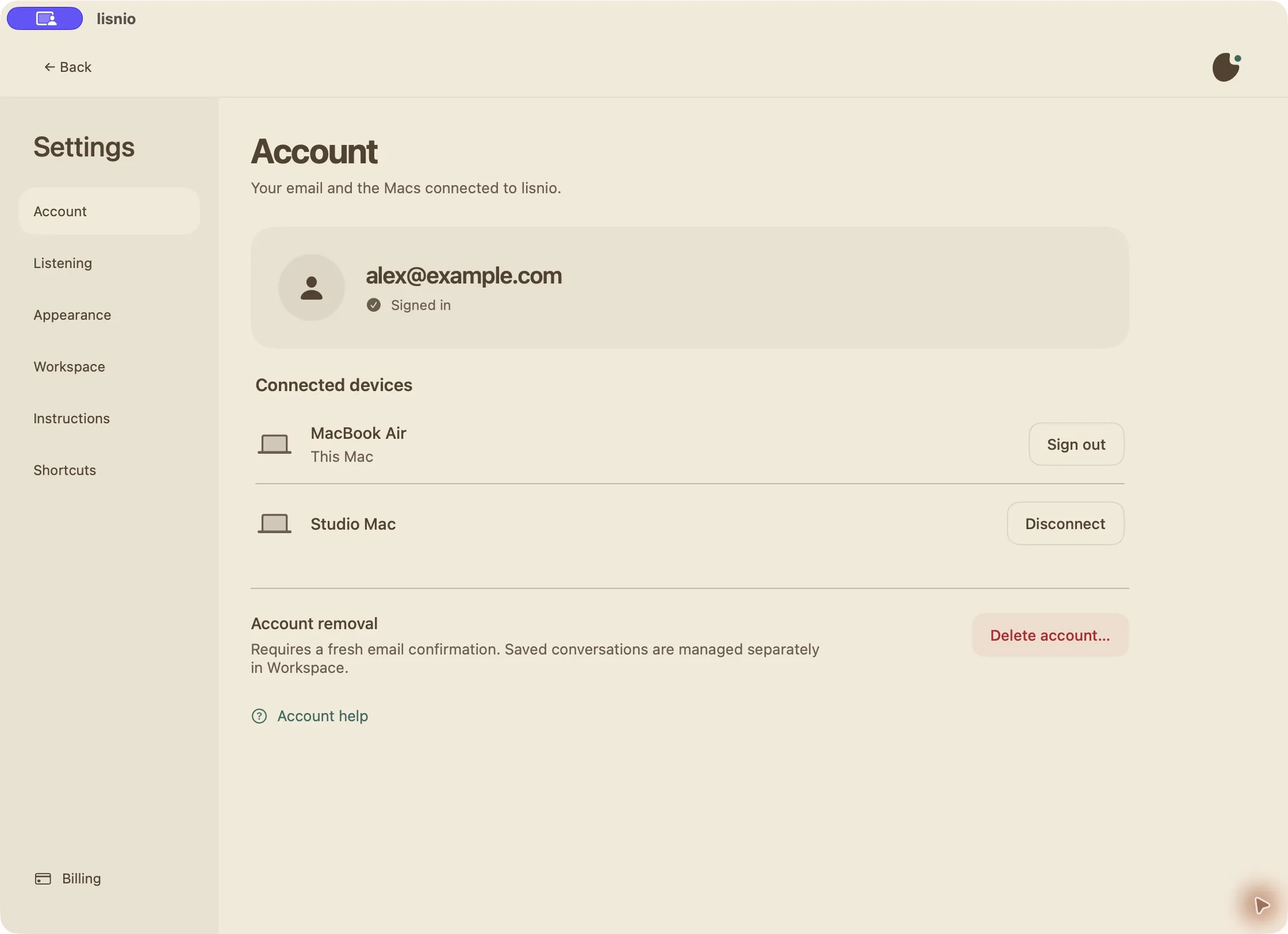 lisnio Account settings with email identity and connected Mac controls.