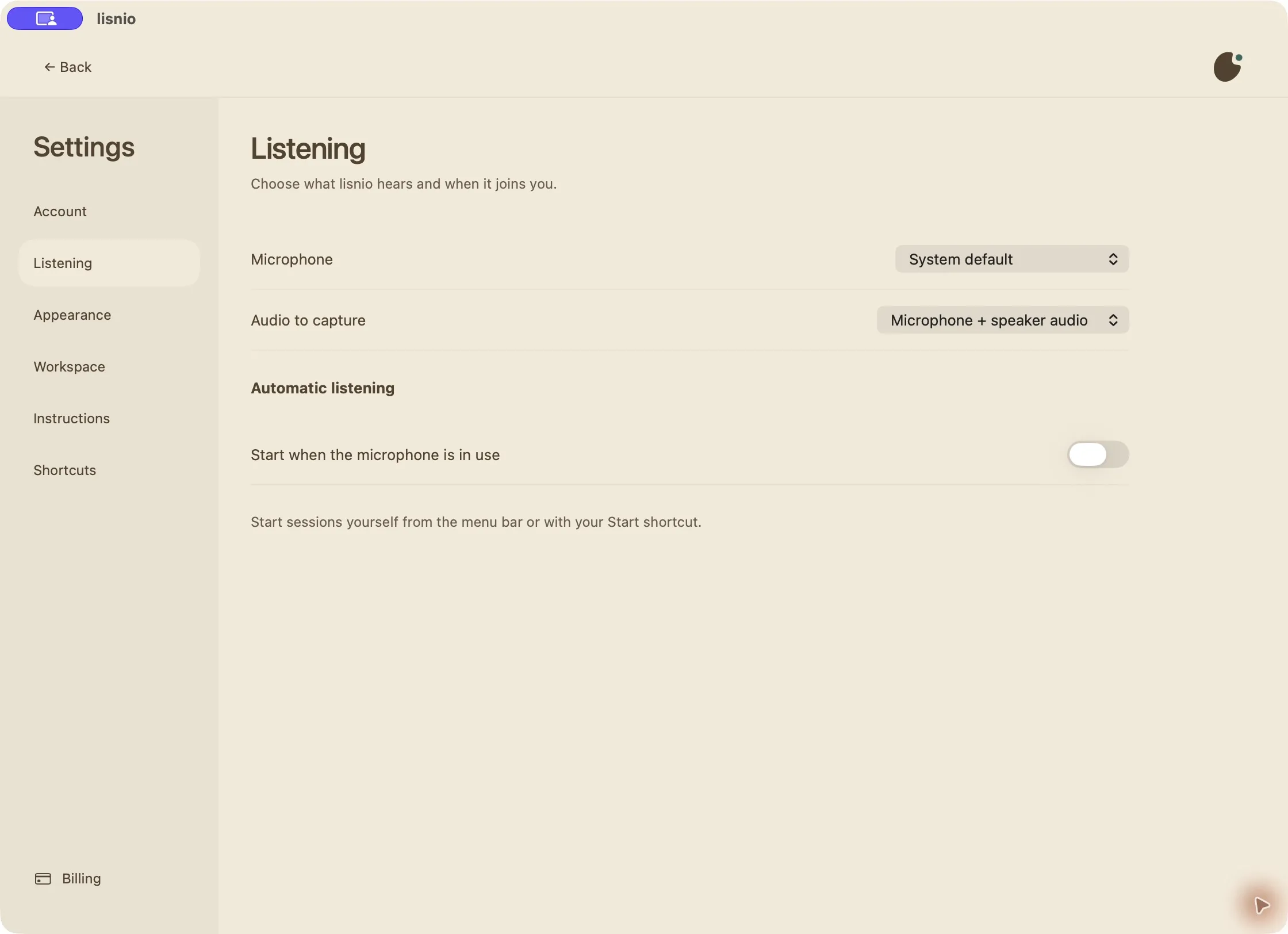 lisnio Listening settings with microphone and remote audio controls.