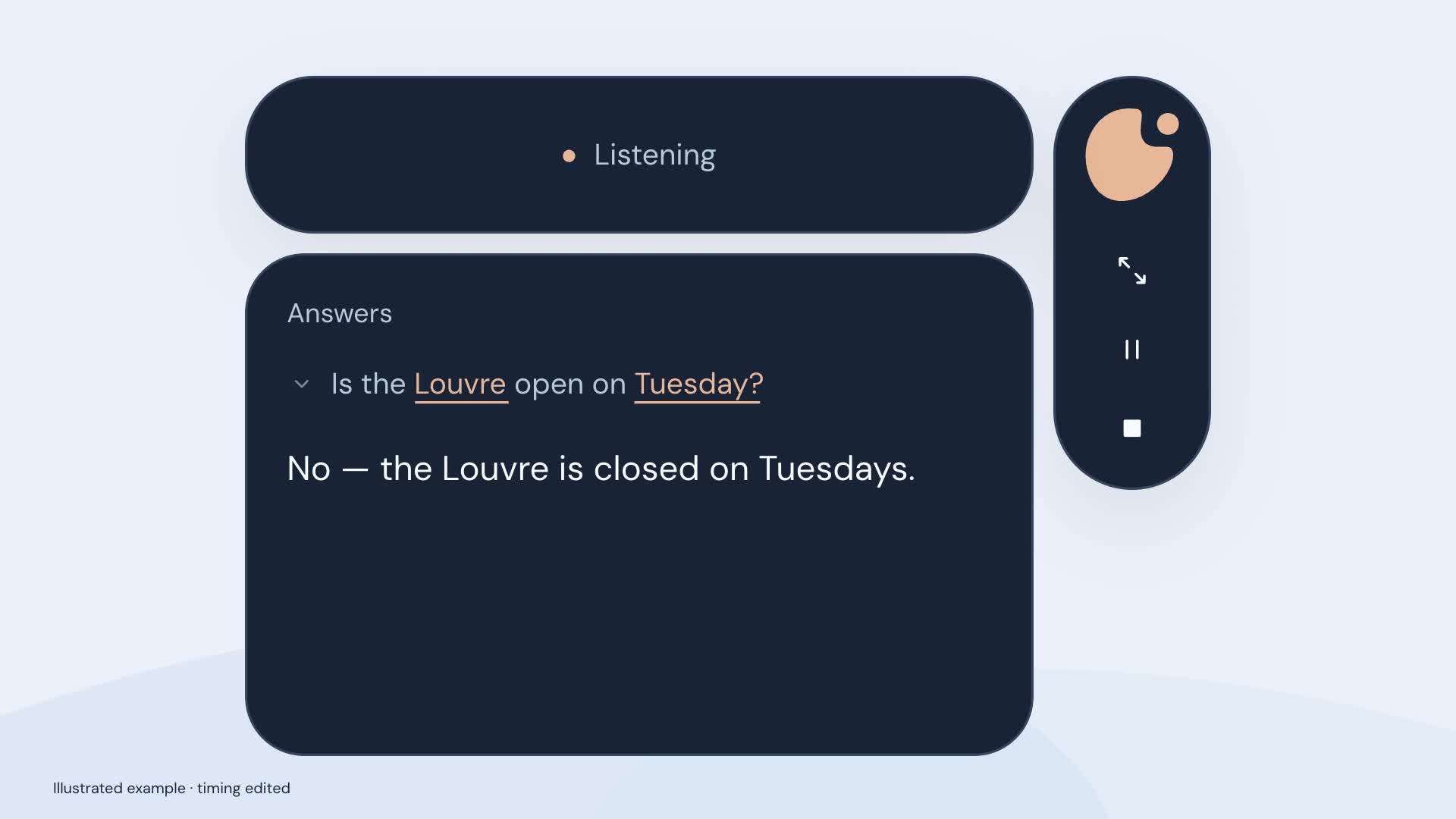 Illustrated lisnio answer explaining that the Louvre is closed on Tuesdays.